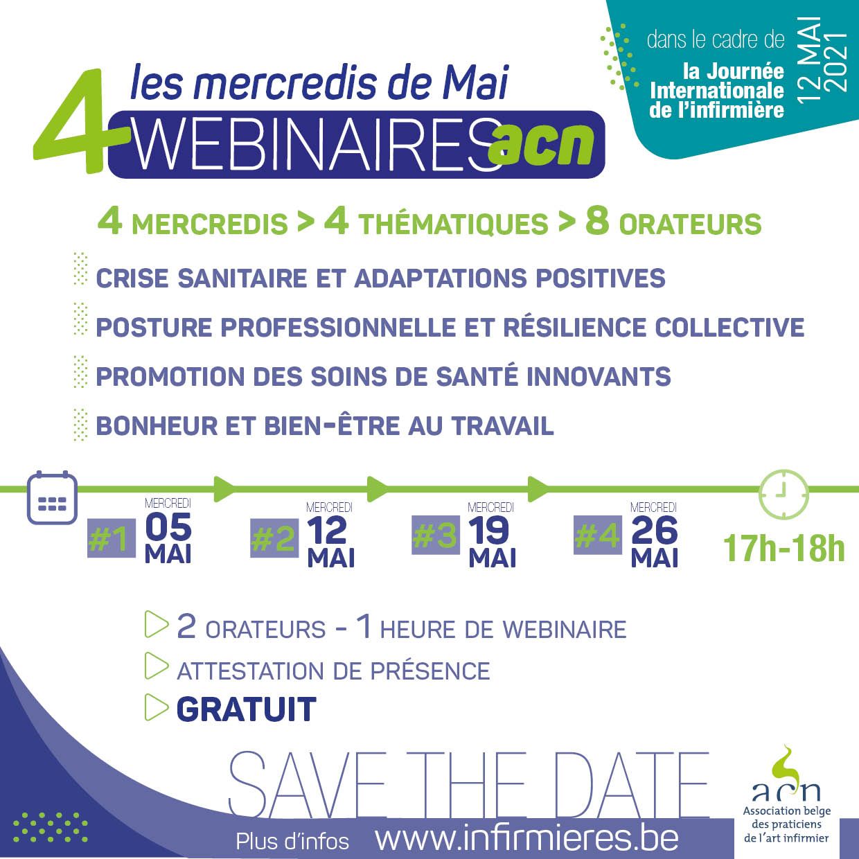 Les Webinaires de Mai : 4 webinaires pour parler de la crise sanitaire et adaptations positives, de la posture professionnelle et résilience collective, de la promotion des soins de santé innovants, du bonheur et bien-être au travail