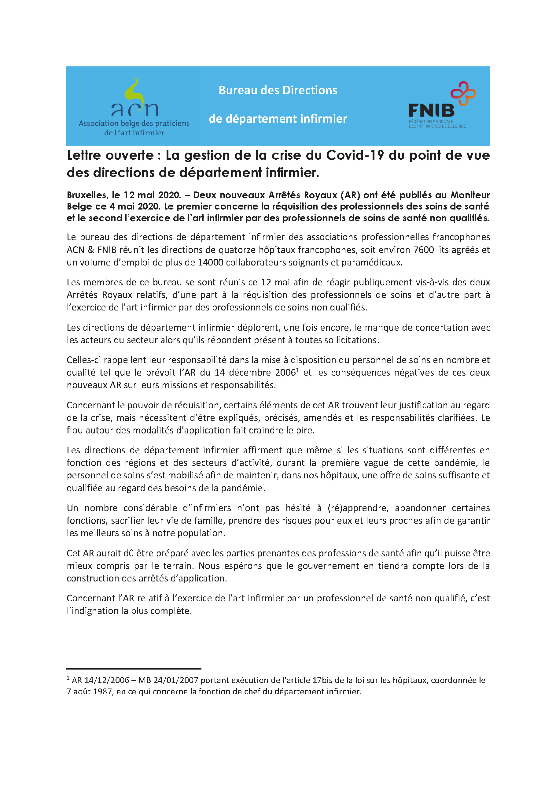 Lettre ouverte du bureau des directions de département infirmier ACN/FNIB sur les 2 AR de réquisition de personnel infirmier et de délégation des actes infirmiers